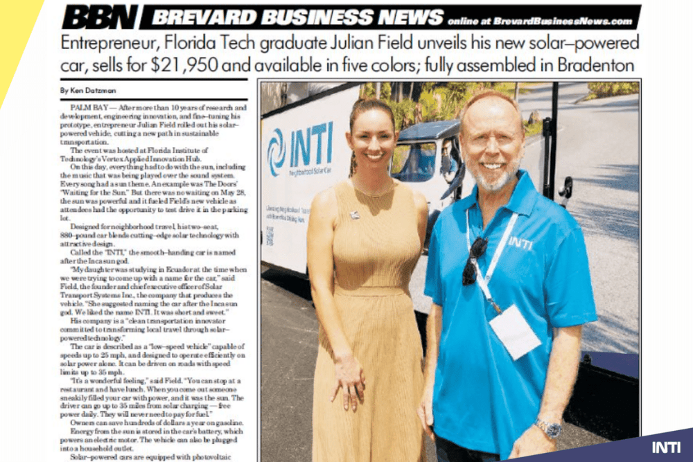 INTI in Brevard Business News: A Solar Vision Brought to Life - Solar Transport Systems
